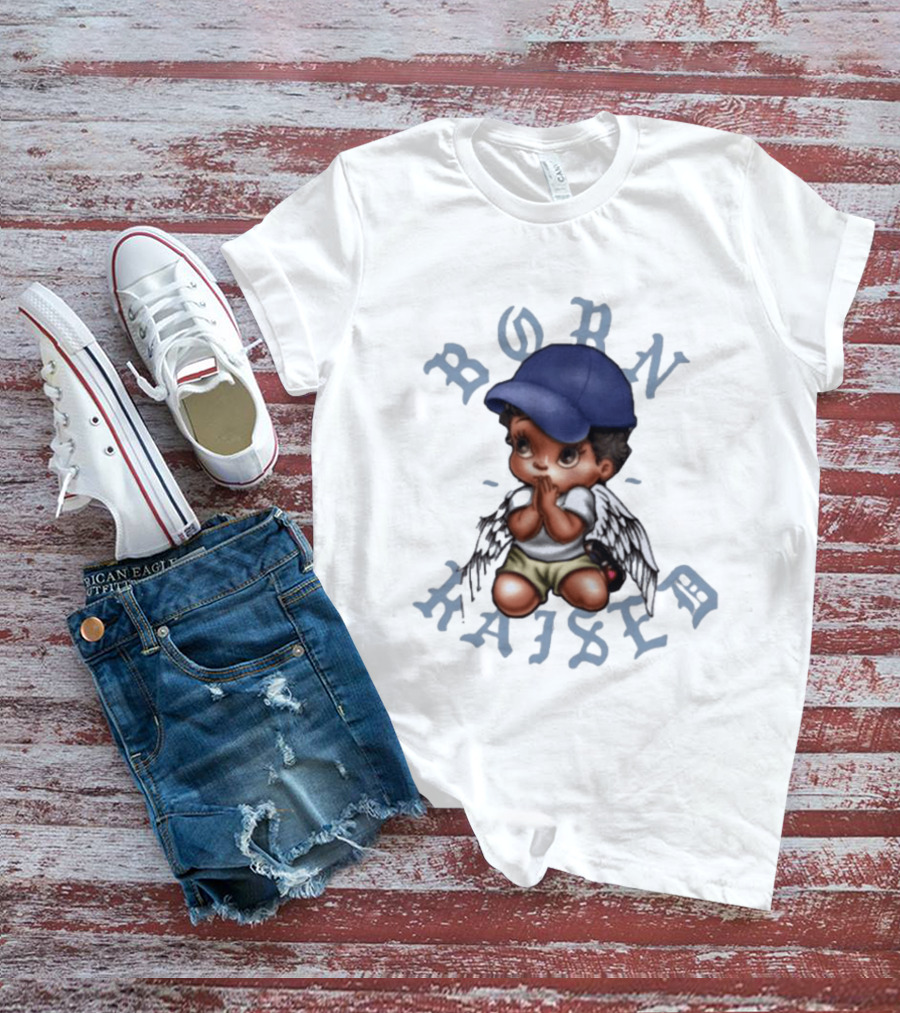 Born X Raised El Angel Cherub Praying With Wings And Cap T-Shirt