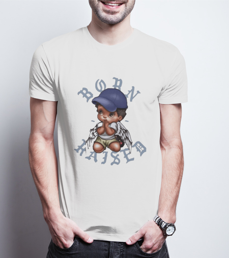 Born X Raised El Angel Cherub Praying With Wings And Cap T-Shirt