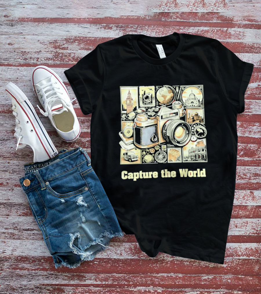 Capture The World Camera Globe Travel Landmarks Compass T-Shirt