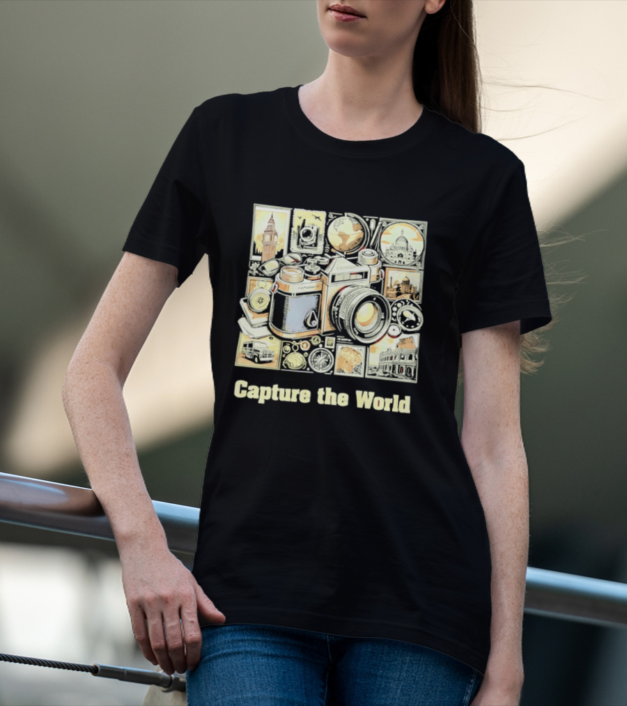 Capture The World Camera Globe Travel Landmarks Compass T-Shirt