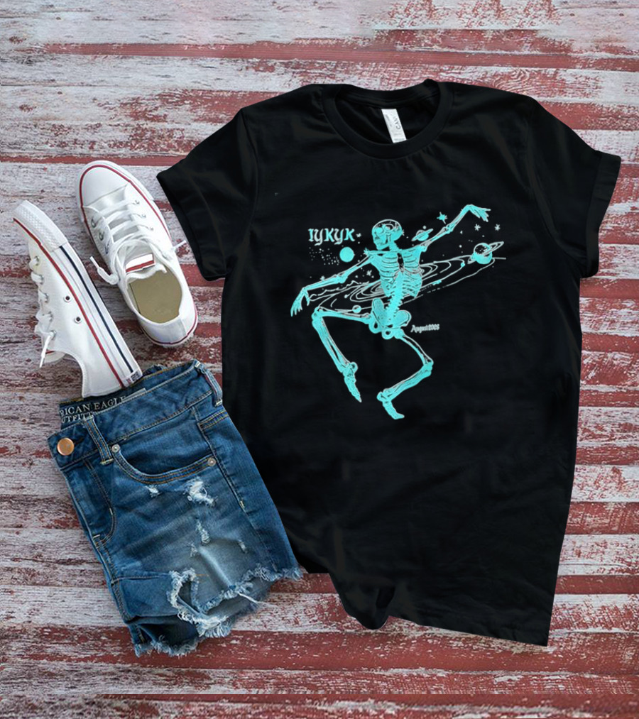 Iykyk August 2026 Cyan Dancing Skeleton With Space Orbit Sketch T-Shirt