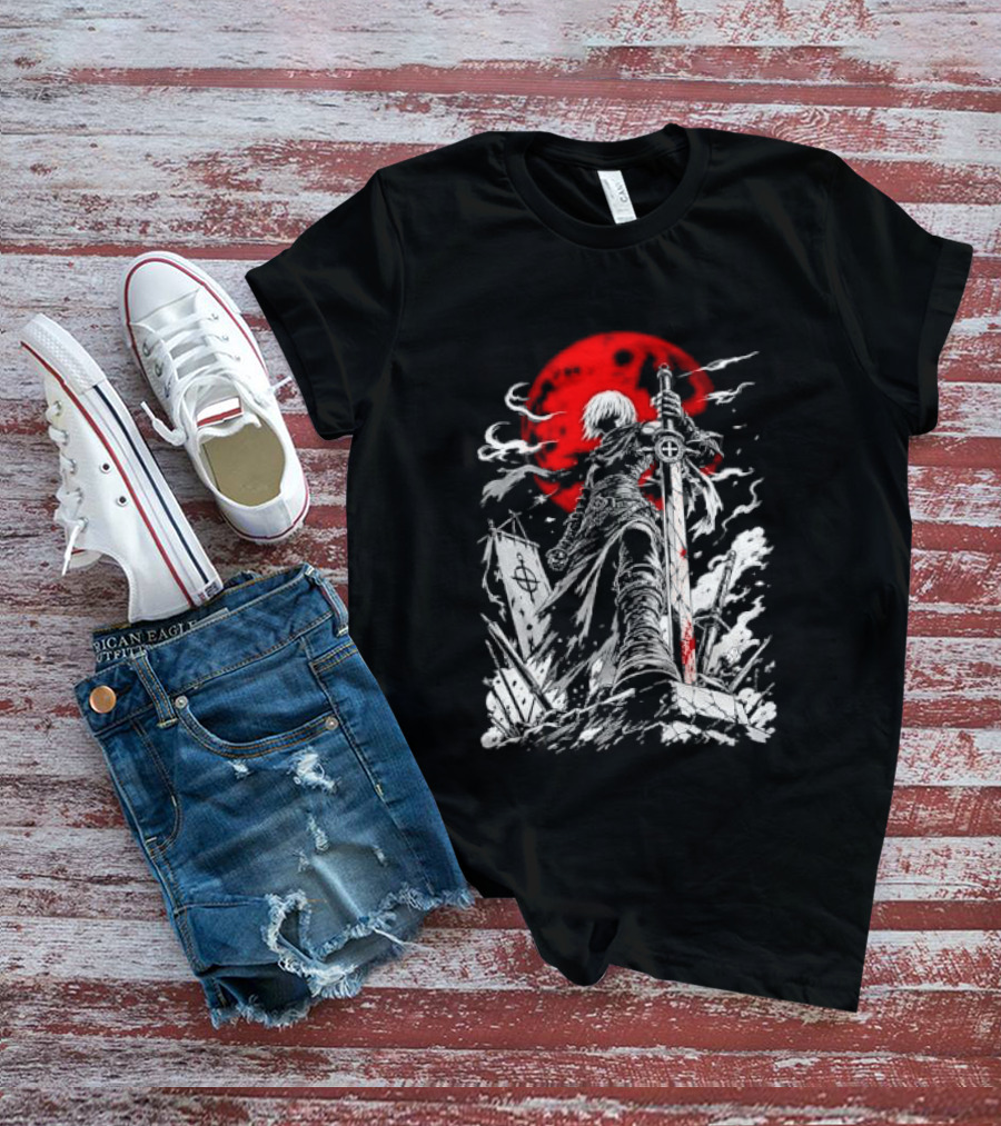 Dark Fantasy Warrior Bloody Sword Red Moon Battlefield Epic Scene T-Shirt