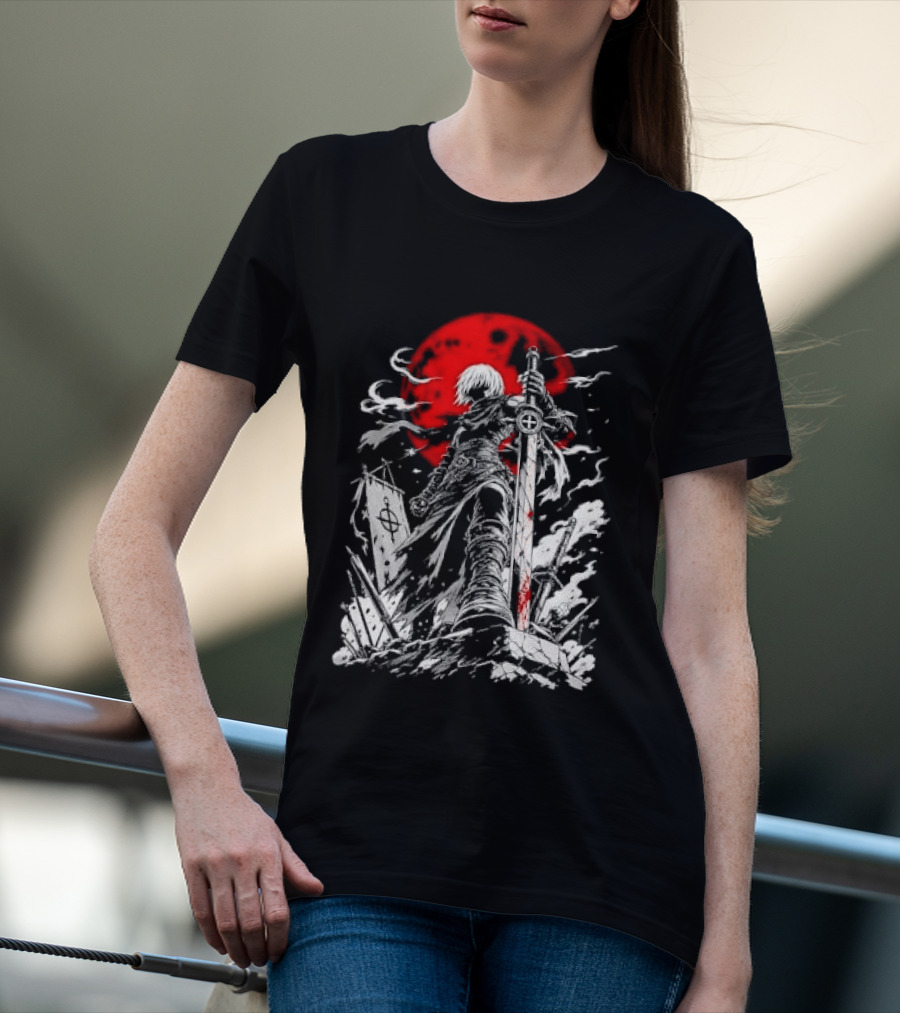 Dark Fantasy Warrior Bloody Sword Red Moon Battlefield Epic Scene T-Shirt