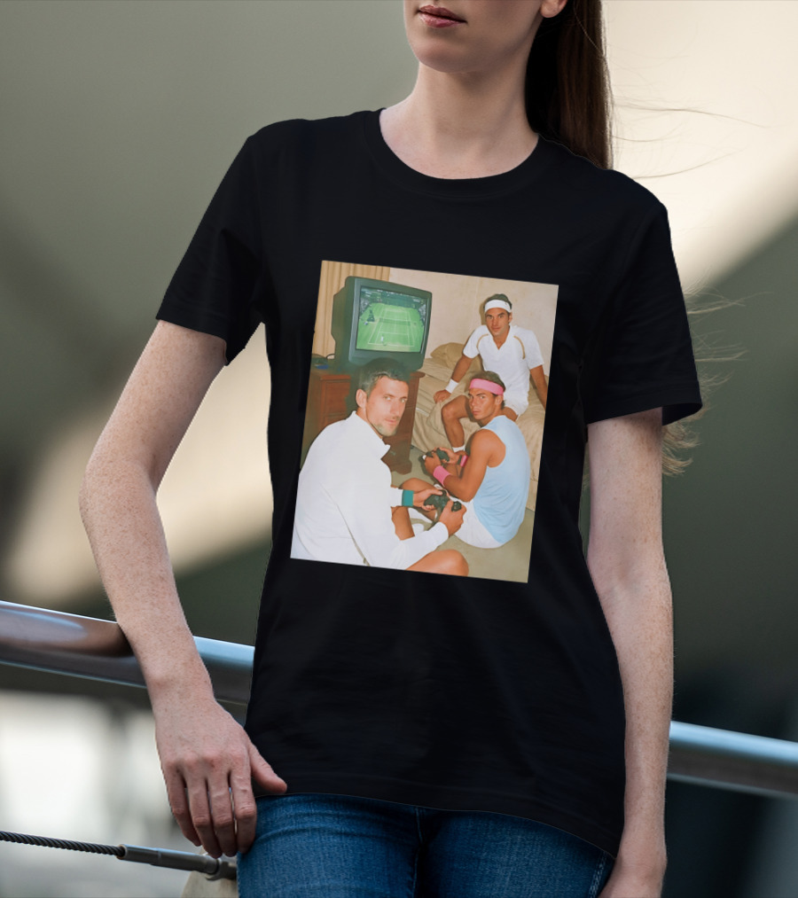 Novak Djokovic Rafael Nadal Roger Federer Playing Tennis Video Game T-Shirt
