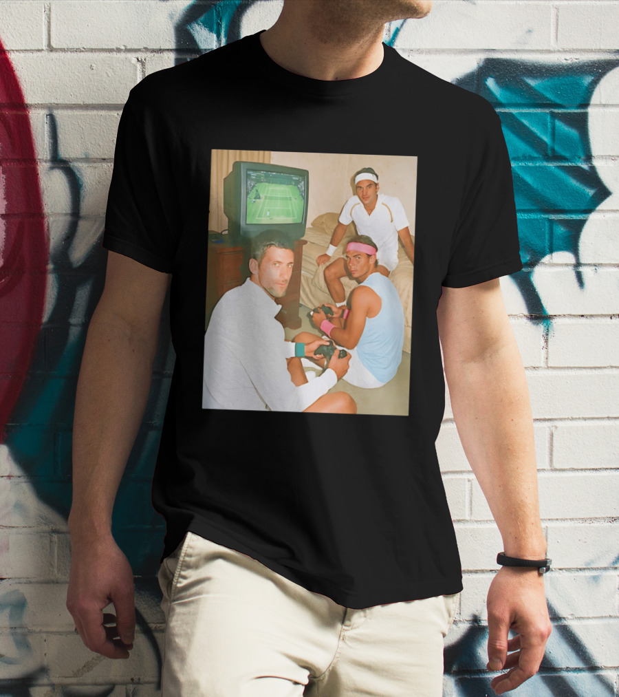 Novak Djokovic Rafael Nadal Roger Federer Playing Tennis Video Game T-Shirt