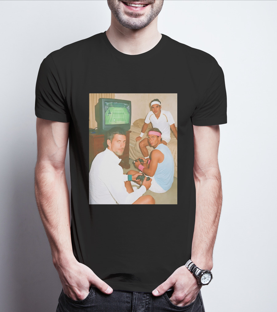 Novak Djokovic Rafael Nadal Roger Federer Playing Tennis Video Game T-Shirt