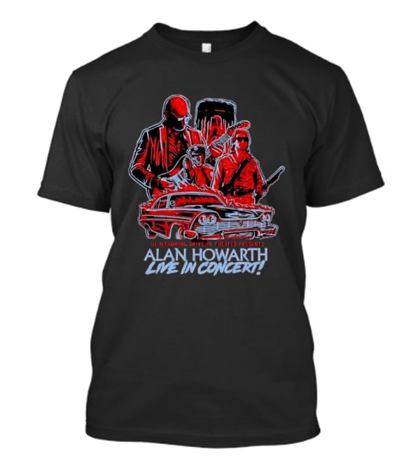 The Mahoning Drive In Theater Presents Alan Howarth Live Concert Horror Characters Flaming Car T-Shirt