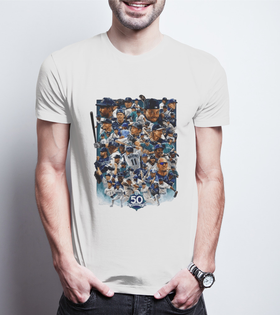 Seattle Mariners 50 Seasons Collage MLB Players Legends And Moments T-Shirt
