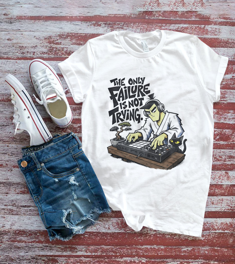 The Only Failure Is Not Trying Samurai DJ With Cat And Bonsai T-Shirt
