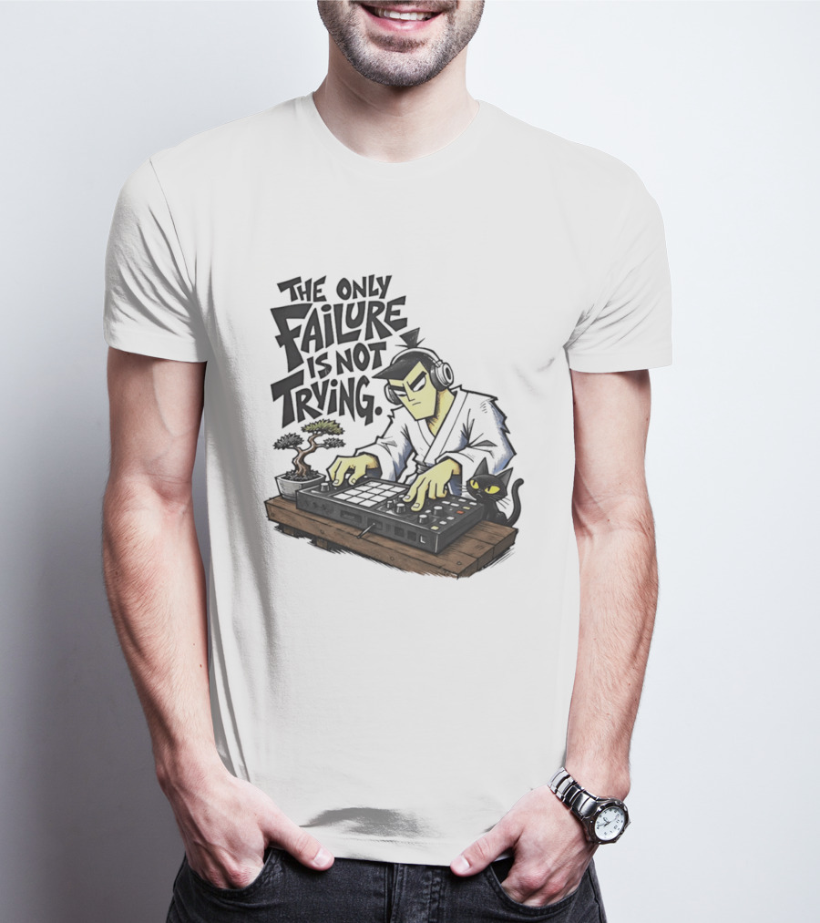 The Only Failure Is Not Trying Samurai DJ With Cat And Bonsai T-Shirt
