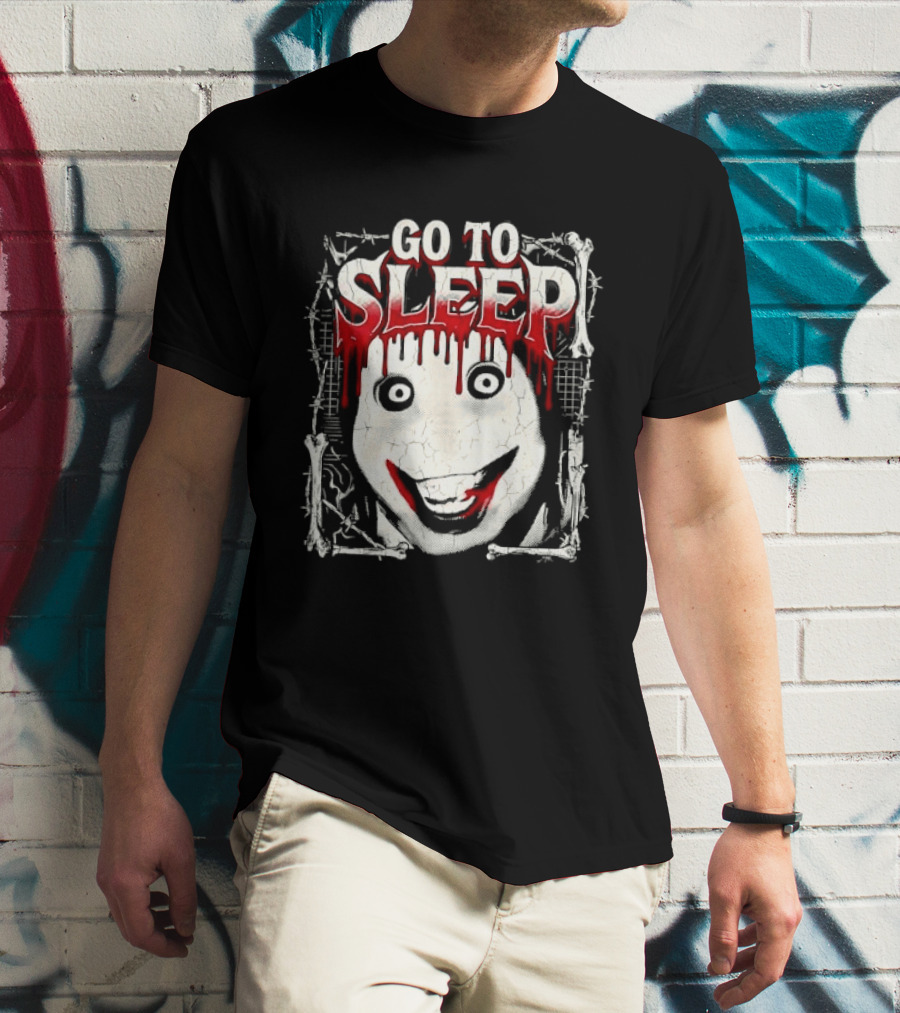 Go To Sleep Creepy Pale Face Bloody Smile Barbed Wire Bones T-Shirt