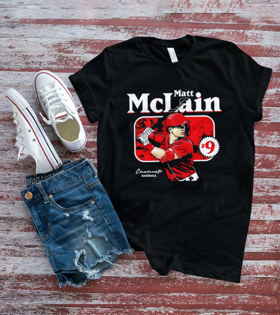 Matt McLain Cincinnati Baseball Number 9 Batter Stance Red Frame T-Shirt