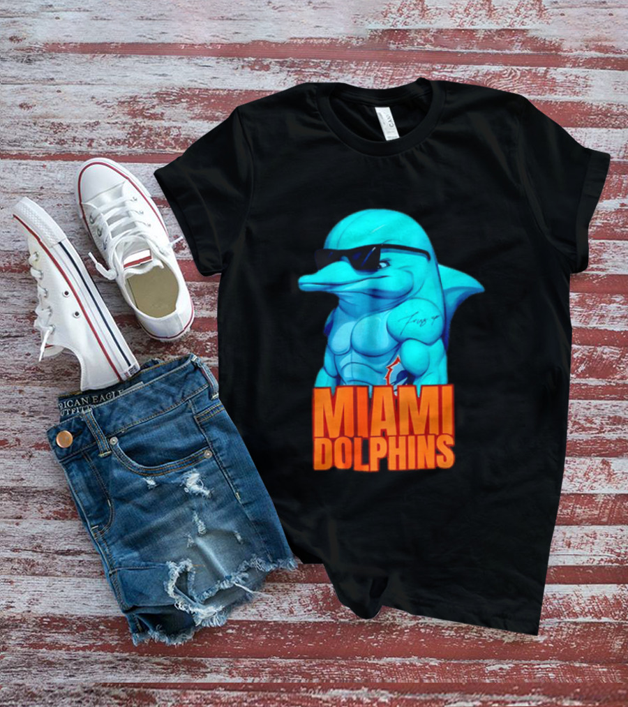 Miami Dolphins Fins Up Muscular Cartoon Sunglasses Tattoo T-Shirt