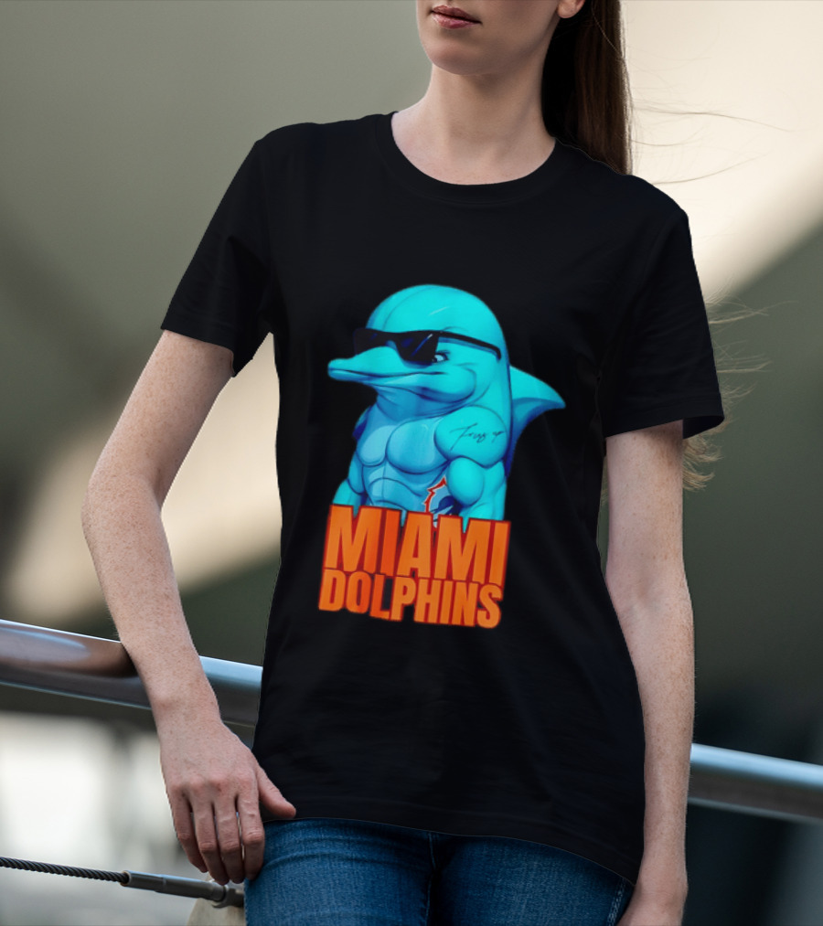 Miami Dolphins Fins Up Muscular Cartoon Sunglasses Tattoo T-Shirt