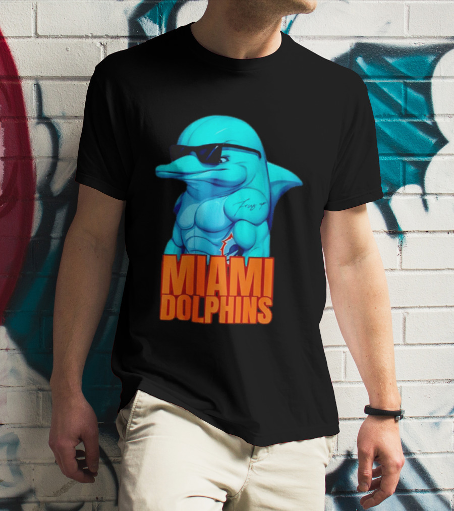 Miami Dolphins Fins Up Muscular Cartoon Sunglasses Tattoo T-Shirt