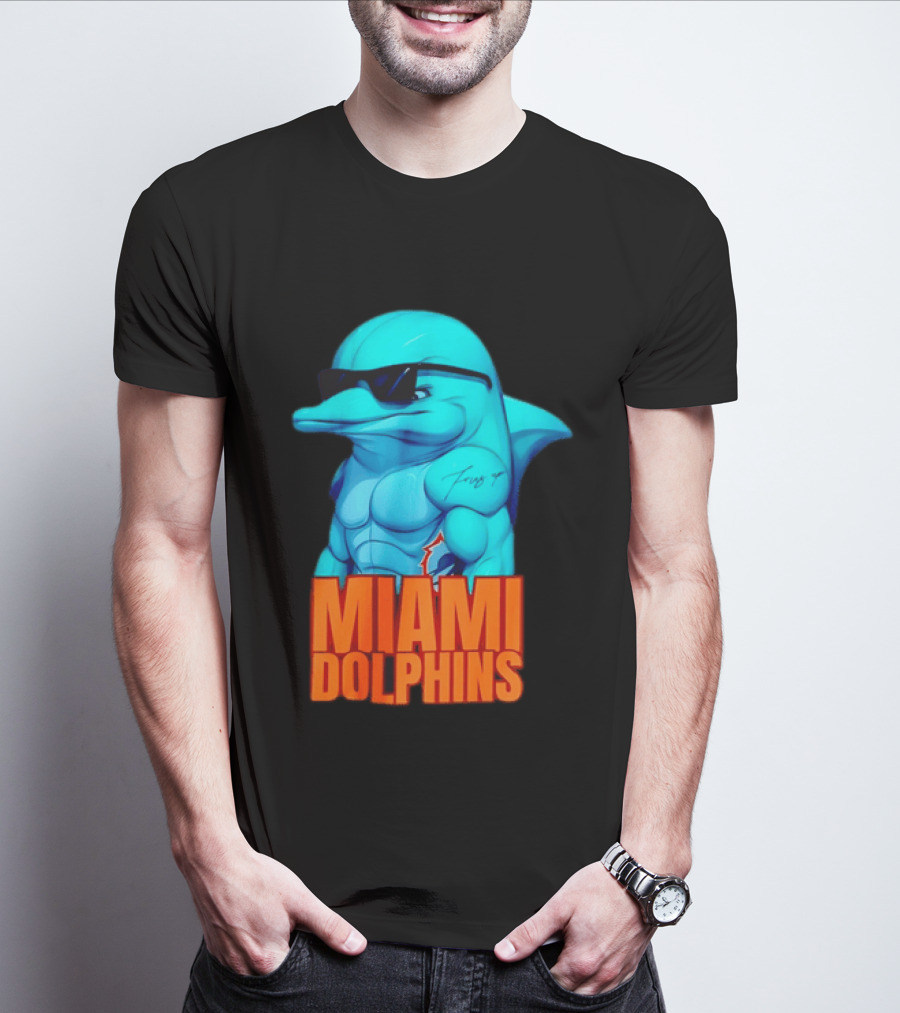 Miami Dolphins Fins Up Muscular Cartoon Sunglasses Tattoo T-Shirt