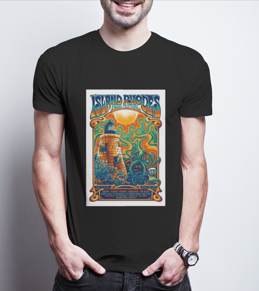 Island Rhodes Music Festival 2026 Lighthouse Octopus Art Pawtucket Rhode Island Sublime Slightly Stoopid August 15 16 T-Shirt