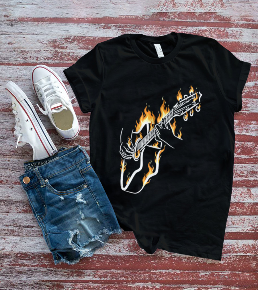 Musician Hands Flaming Acoustic Guitar White Line Artistry T-Shirt