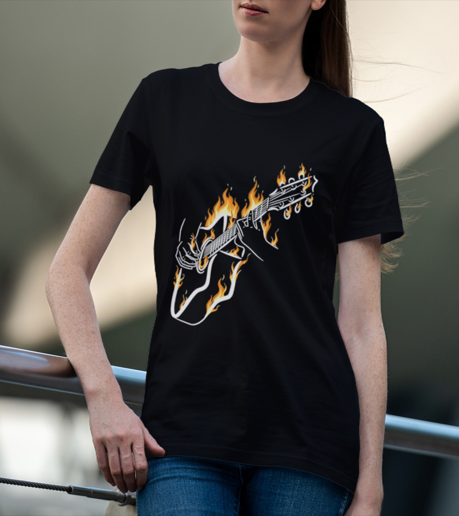 Musician Hands Flaming Acoustic Guitar White Line Artistry T-Shirt