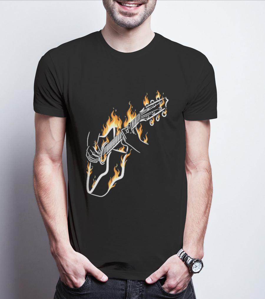 Musician Hands Flaming Acoustic Guitar White Line Artistry T-Shirt