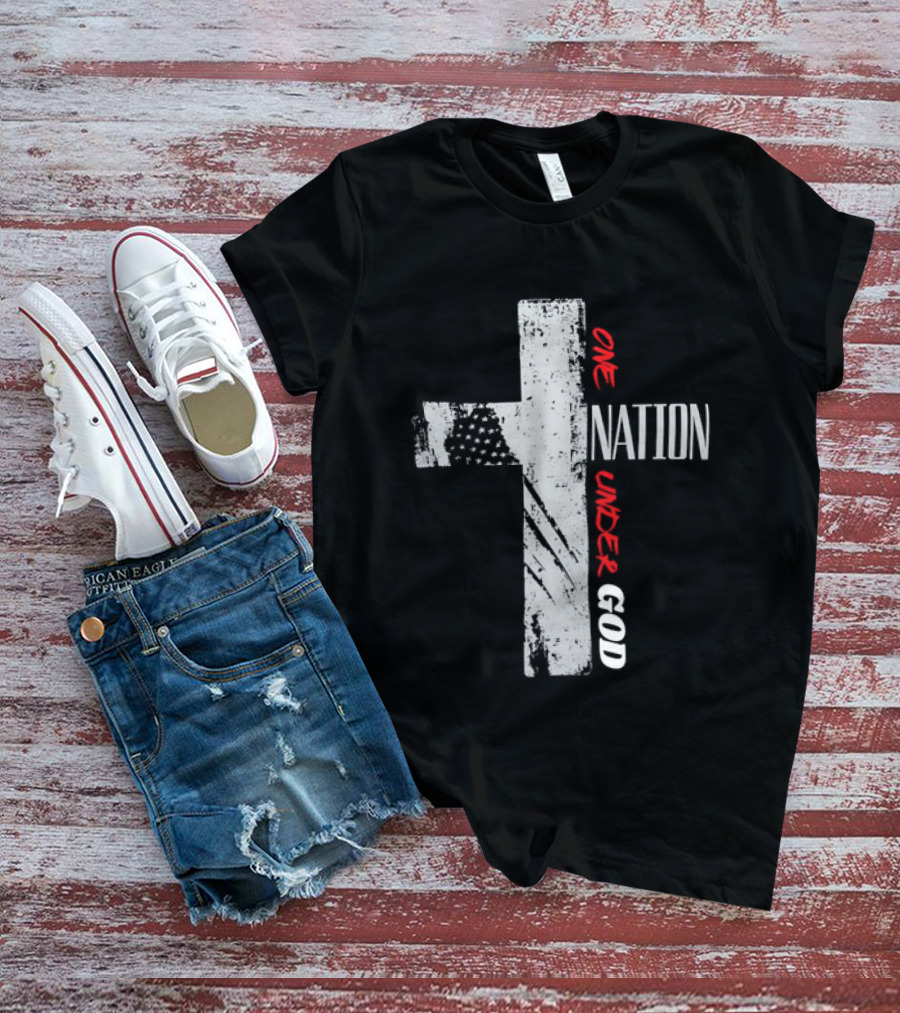 One Nation Under God Distressed Cross American Flag Stars T-Shirt