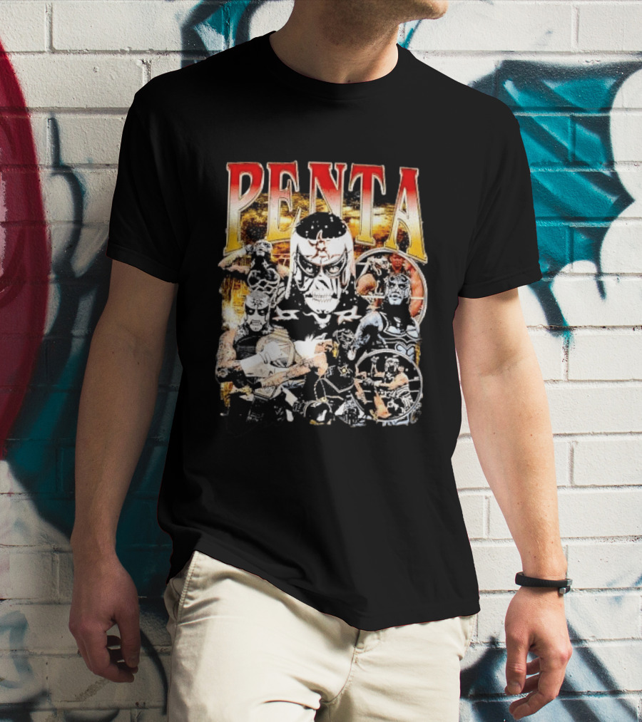Penta Masked Luchador Wrestler Belt Photo Collage Bootleg T-Shirt