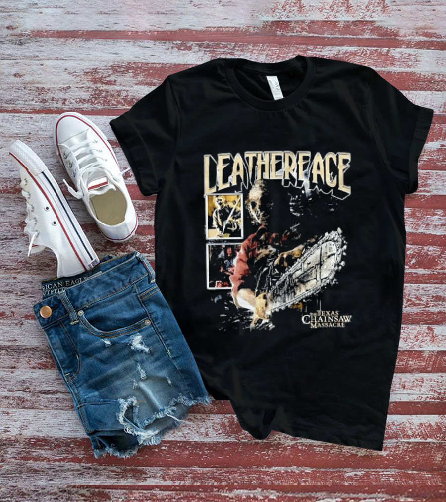 Leatherface Texas Chainsaw Massacre Horror Collage Holding Saw T-Shirt