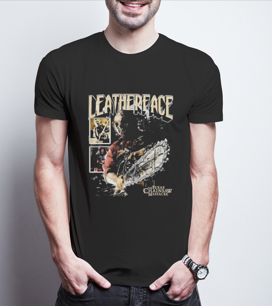 Leatherface Texas Chainsaw Massacre Horror Collage Holding Saw T-Shirt