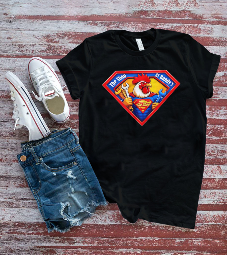The Shop At Randy's Cartoon Rooster Superhero Wrenches Crest T-Shirt