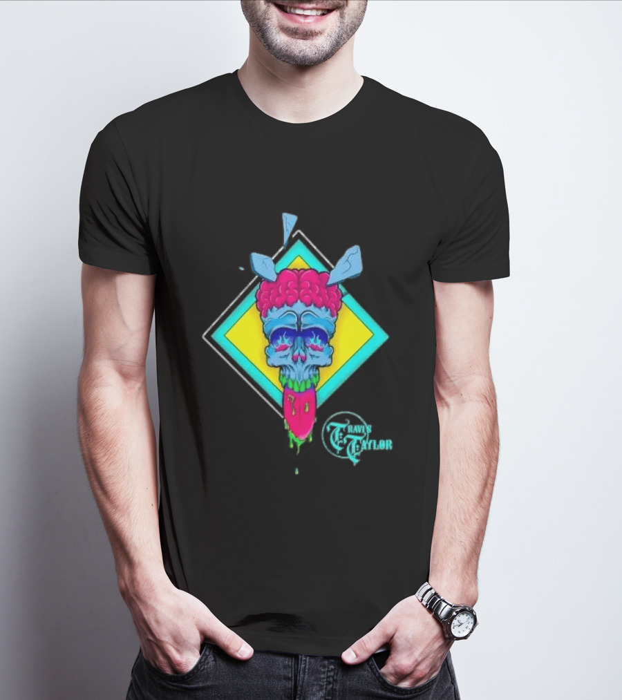Travis Taylor Neon Skull Pink Brain Green Slime Tongue Diamond Geometric T-Shirt