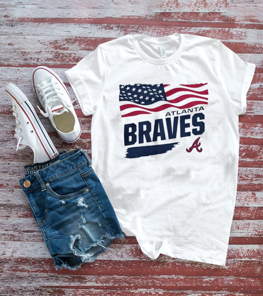 Atlanta Braves Waving American Flag Brushstroke MLB T-Shirt