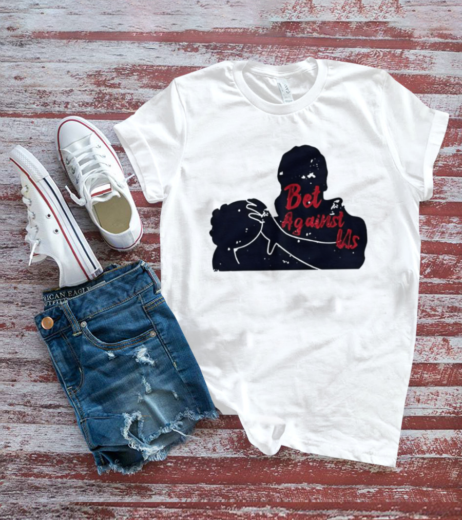 Bet Against Us Red Script Embracing Figures White Line T-Shirt
