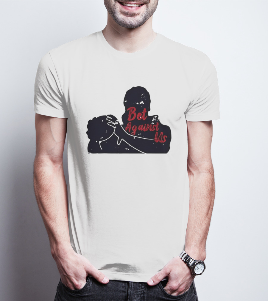 Bet Against Us Red Script Embracing Figures White Line T-Shirt