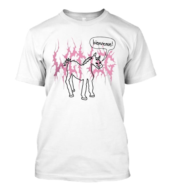Bienvenue Cartoon Horned Unicorn Pink Flames T-Shirt
