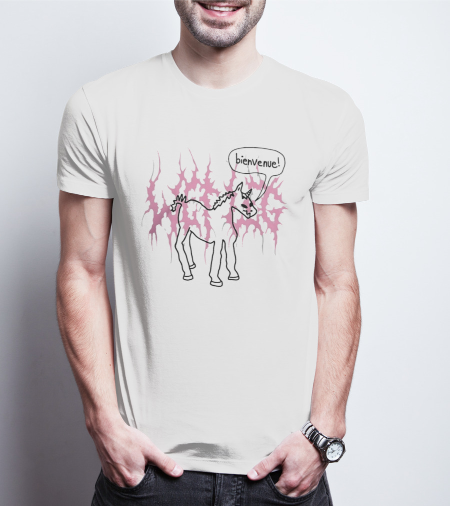 Bienvenue Cartoon Horned Unicorn Pink Flames T-Shirt
