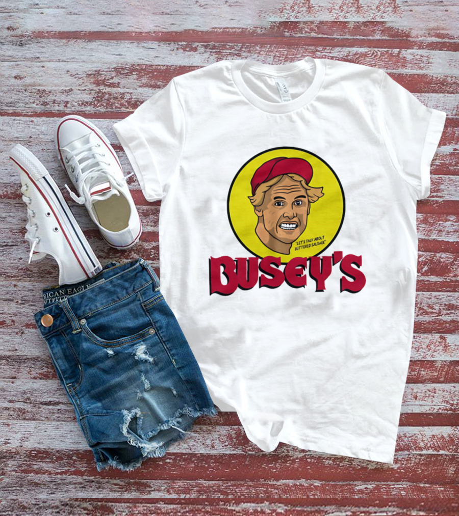 Busey's Let's Talk About Buttered Sausage Gary Busey Red Cap T-Shirt