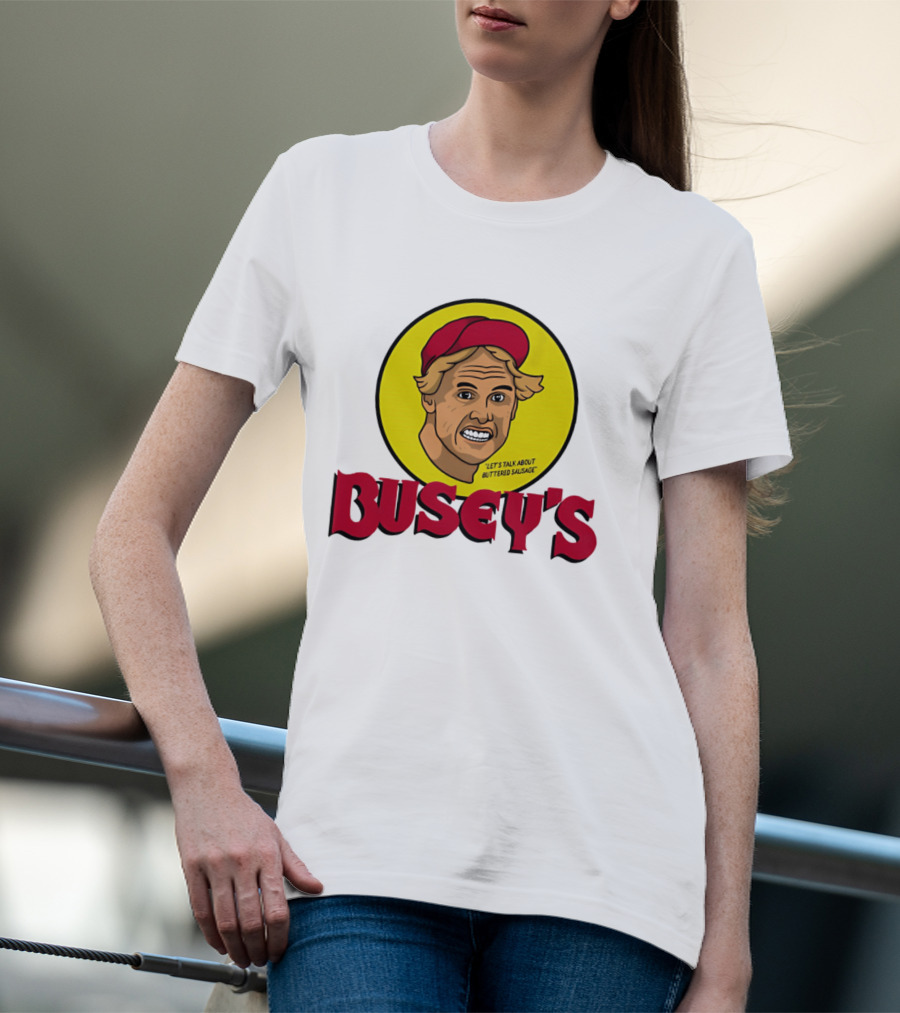Busey's Let's Talk About Buttered Sausage Gary Busey Red Cap T-Shirt