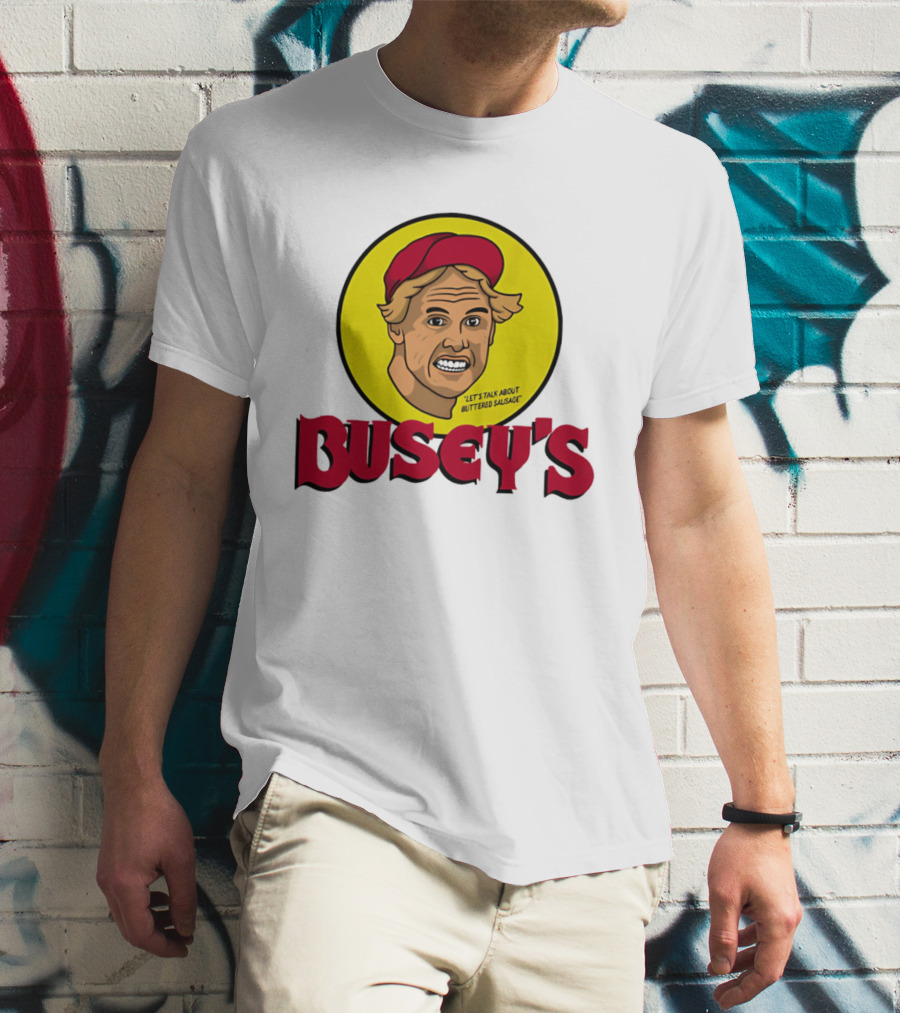 Busey's Let's Talk About Buttered Sausage Gary Busey Red Cap T-Shirt