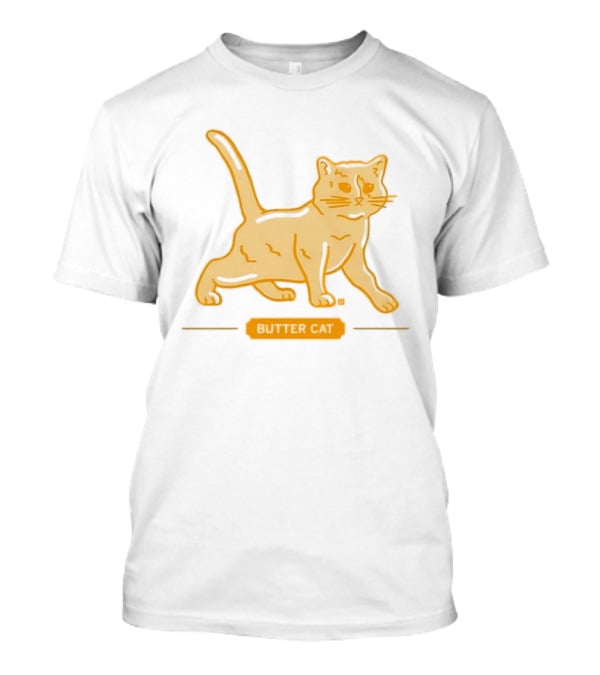 Butter Cat Yellow Orange Cartoon Walking Feline Line T-Shirt