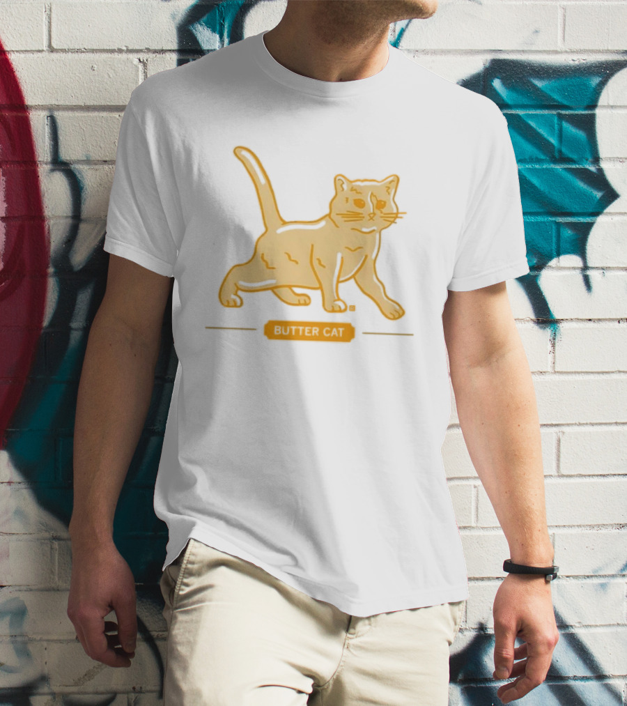 Butter Cat Yellow Orange Cartoon Walking Feline Line T-Shirt