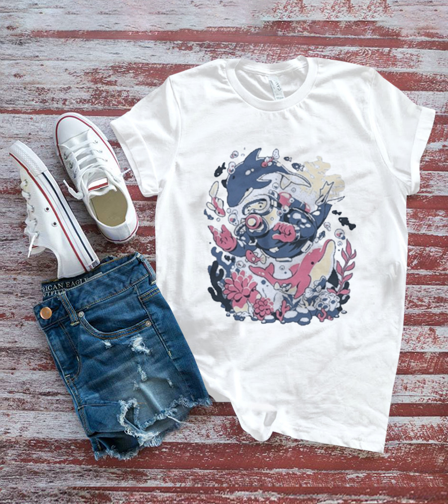 Fangamer Dolphins Dive Underwater Adventure With Diver And Marine Life T-Shirt