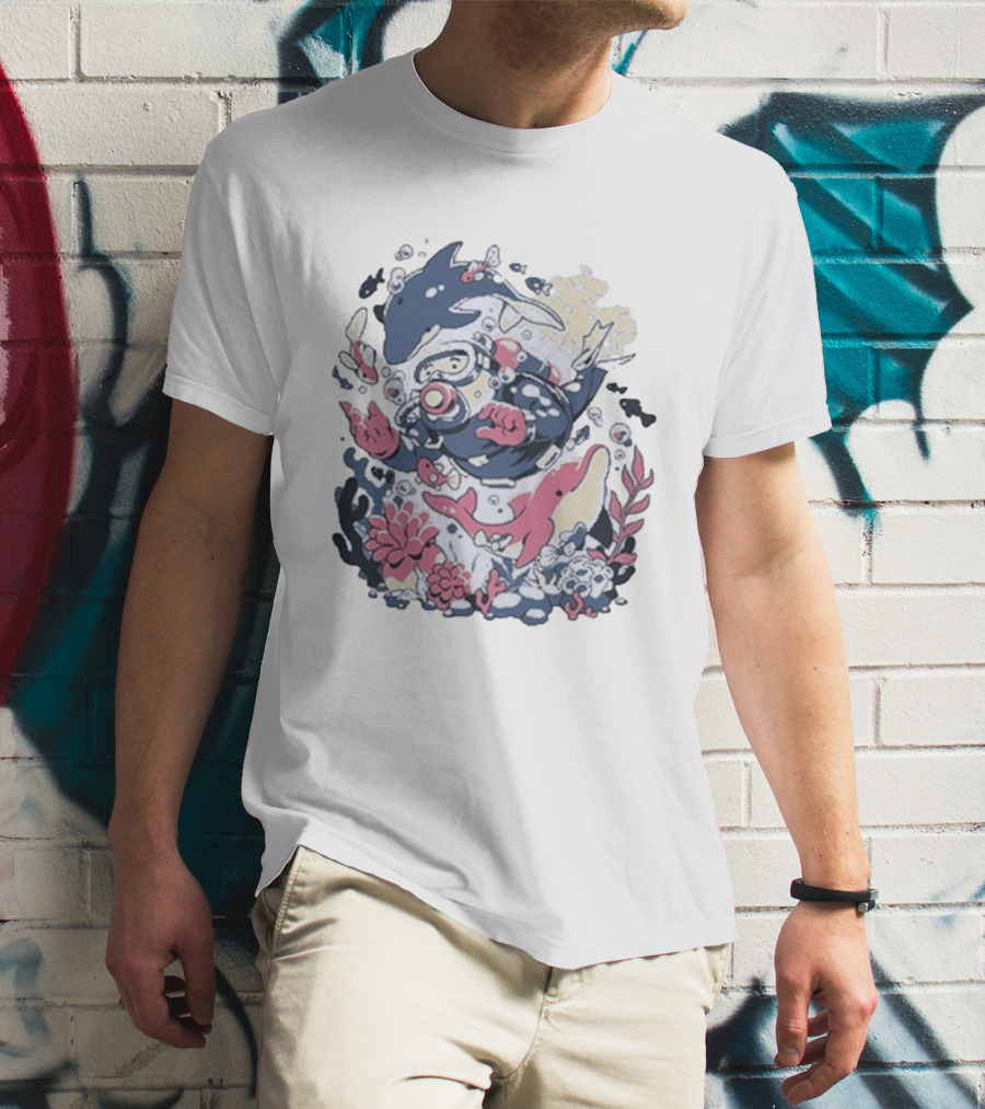Fangamer Dolphins Dive Underwater Adventure With Diver And Marine Life T-Shirt
