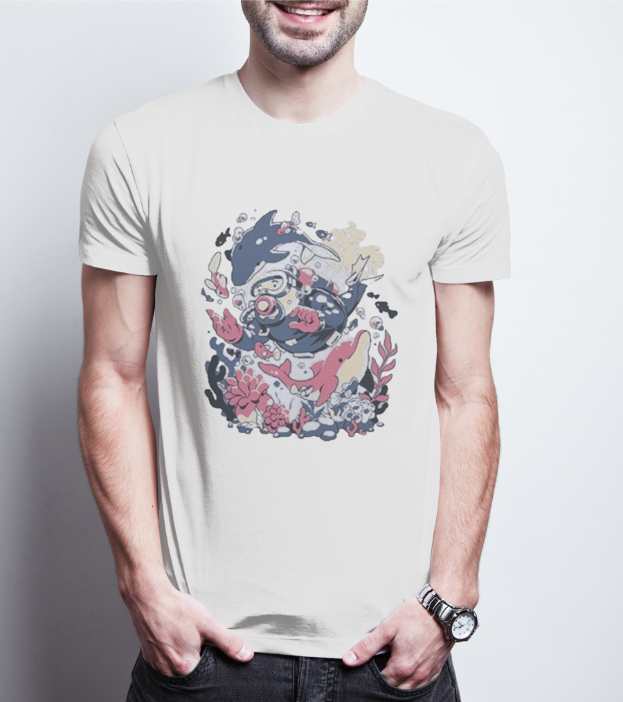 Fangamer Dolphins Dive Underwater Adventure With Diver And Marine Life T-Shirt