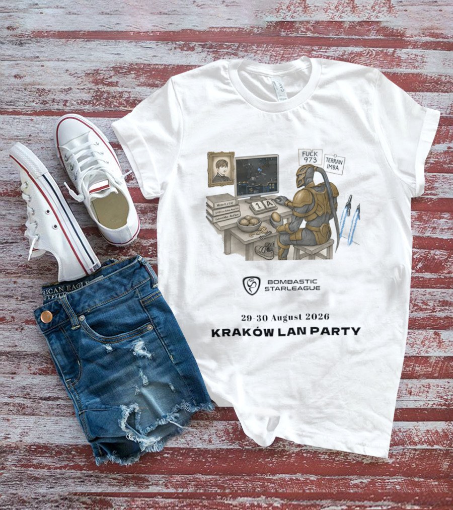 Bombastic StarLeague LAN Party Kraków August 2026 Terran Imba Micro Trap Nexus Gatewayman T-Shirt