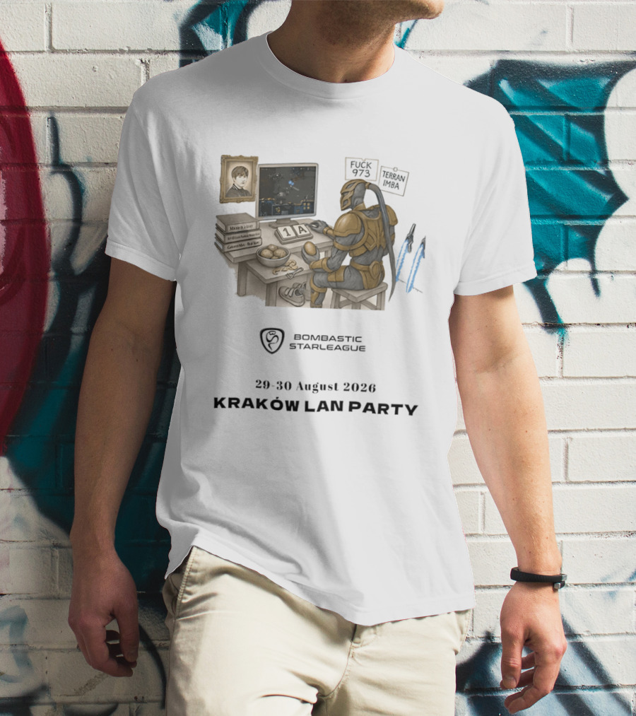 Bombastic StarLeague LAN Party Kraków August 2026 Terran Imba Micro Trap Nexus Gatewayman T-Shirt