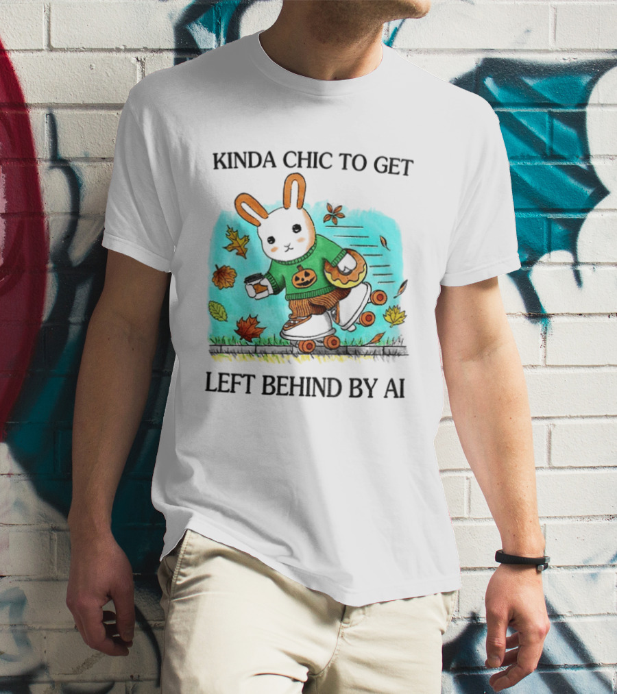 Kinda Chic Rabbit Roller Skating With Pumpkin Happy Fall Leaves Left Behind By AI T-Shirt