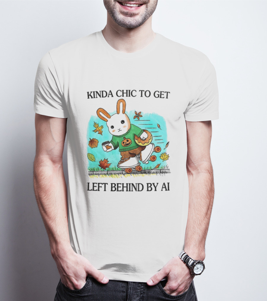Kinda Chic Rabbit Roller Skating With Pumpkin Happy Fall Leaves Left Behind By AI T-Shirt
