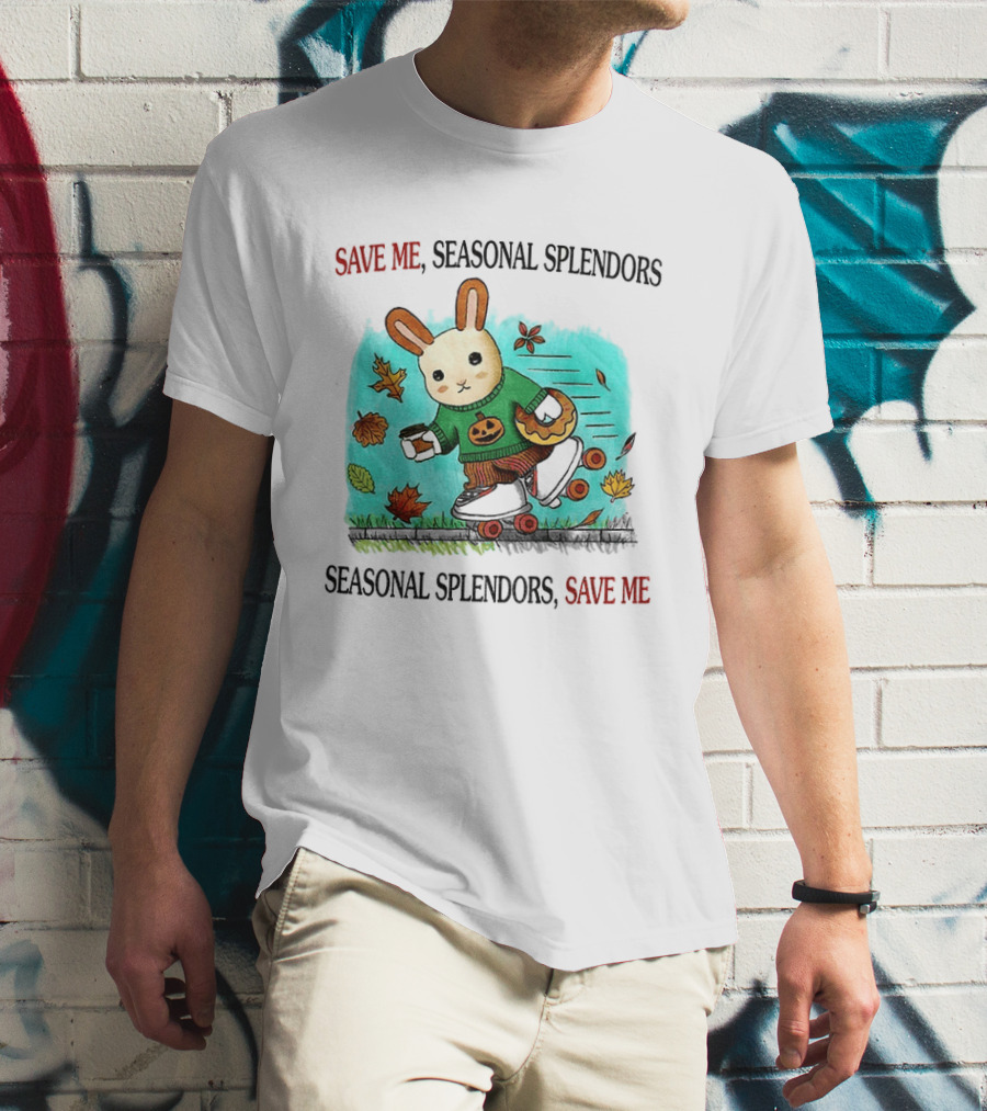 Skater Rabbit With Coffee And Donut Save Me Seasonal Splendors Leaves T-Shirt