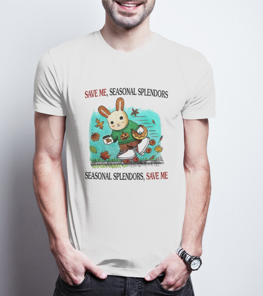Skater Rabbit With Coffee And Donut Save Me Seasonal Splendors Leaves T-Shirt