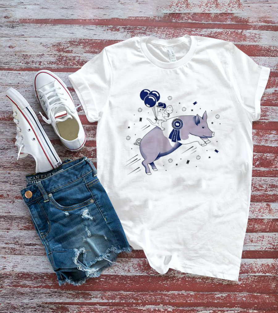 Raygun Cartoon Cowboy Cat Riding Flying Pig With Iowa Ribbon And Balloons T-Shirt